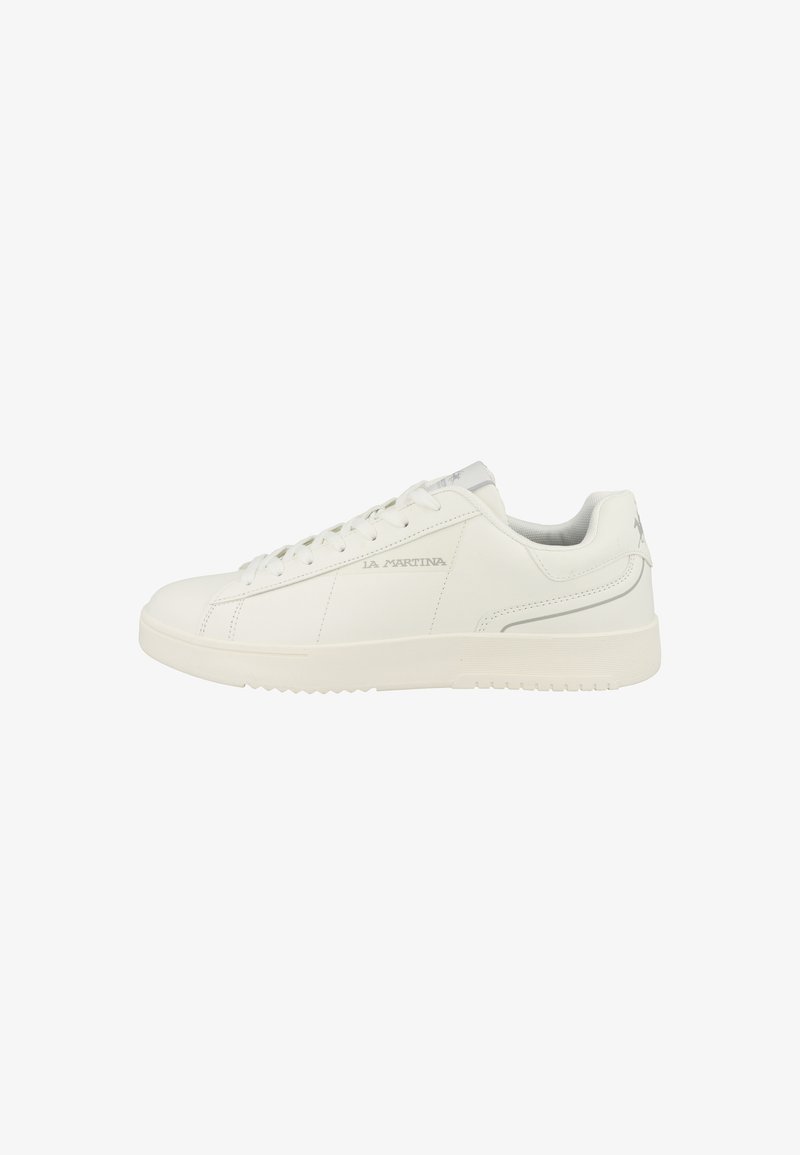 White low-top sneaker with lace-up front, "La Martina" branding on side, and textured rubber sole, displayed on a white background.