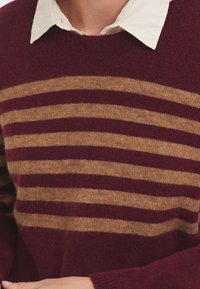 Maglione a righe bordeaux e beige con scollatura rotonda, texture morbida e colletto a contrasto che spunta sotto.