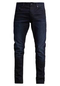 Dunkelblaue Herren-Slim-Fit-Jeans aus Denim mit fünf Taschen, Knopfverschluss und sichtbaren Nahtdetails.