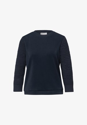 Marineblauer Pullover mit langen Ärmeln, strukturiertem Strickmuster an den Ärmeln und glatter, einfarbiger Vorder- und Rückseite, Rundhalsausschnitt.
