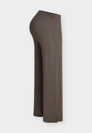 Brown, wide-leg pants made from stretchy fabric. Features a high waist and side slits at the hem for added movement and comfort.