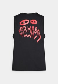 Black sleeveless shirt featuring bold red graphic design with eyes, hands, and the word "KARMA." Made from soft, lightweight fabric.