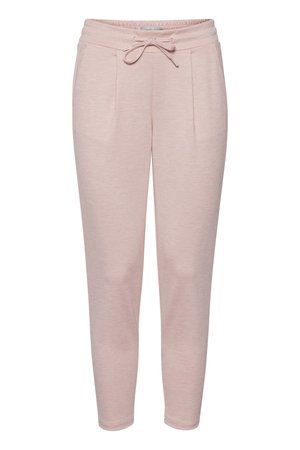 Pantaloni de jogging roz deschis, confecționați dintr-un material moale, texturat. Au o talie elastică cu șnur și două buzunare frontale. Design cu picior tapered.