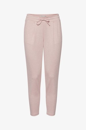 Pantaloni de jogging roz deschis, confecționați dintr-un material moale, texturat. Au o talie elastică cu șnur și două buzunare frontale. Design cu picior tapered.