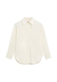 Camicia bianca con bottoni in tessuto strutturato, caratterizzata da un colletto standard, maniche lunghe e un orlo arrotondato con una vestibilità comoda.