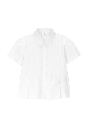 Biała bluzka z krótkim rękawem, z ostrym kołnierzykiem i pionowymi zakładkami na przodzie, zaprojektowana dla małych dziewczynek.