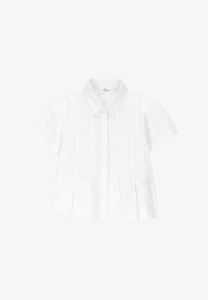 Biała bluzka z krótkim rękawem, z ostrym kołnierzykiem i pionowymi zakładkami na przodzie, zaprojektowana dla małych dziewczynek.