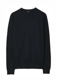 Pullover in cotone blu navy con scollatura rotonda, maniche lunghe e polsini e orlo a costine. Texture liscia, design minimalista e senza fantasie.