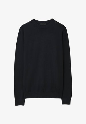 Pullover in cotone blu navy con scollatura rotonda, maniche lunghe e polsini e orlo a costine. Texture liscia, design minimalista e senza fantasie.