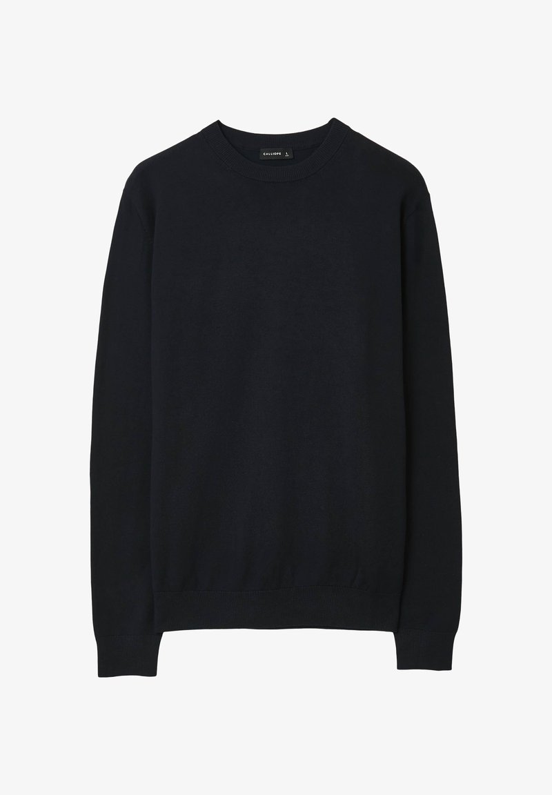 Pullover in cotone blu navy con scollatura rotonda, maniche lunghe e polsini e orlo a costine. Texture liscia, design minimalista e senza fantasie.