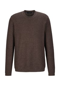 Brauner, texturierter Strickpullover mit Rundhalsausschnitt, langen Ärmeln und gerippten Bündchen und Saum. Hergestellt aus weichem Material, geeignet zum Layering.