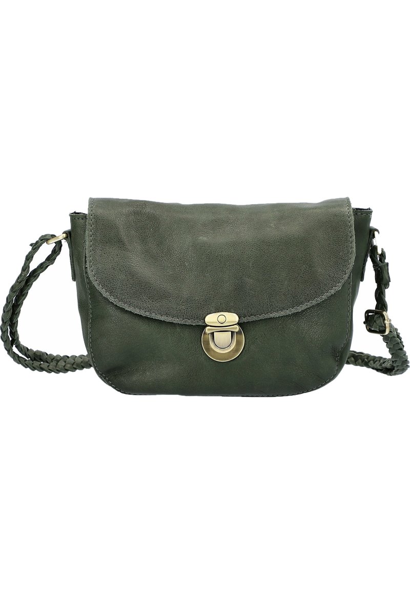 Tmavě zelená kožená kabelka přes rameno s pleteným popruhem a přední klopou zajištěnou mosaznou sponou.