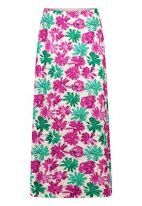 Maxi-Rock aus einem leichten Stoff, der ein florales Muster mit rosa und grünen Blättern auf einem cremefarbenen Hintergrund zeigt. Gerade Silhouette, knöchellang.