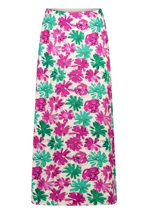 Maxi skirt in a lightweight fabric, featuring a floral pattern with pink and green leaves on a cream background. Straight silhouette, ankle-length.