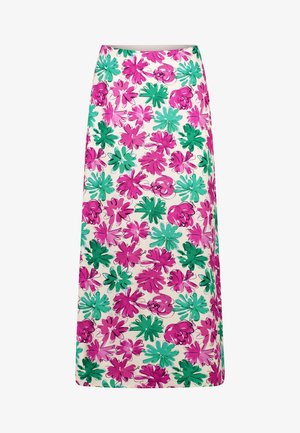 Maxi-jurk van een lichtgewicht stof, met een bloemenpatroon van roze en groene bladeren op een crèmekleurige achtergrond. Rechte silhouet, enkel-lang.