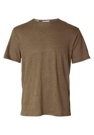 Lühikeste varrukatega ümara kaelusega T-särk summutatud pruunis toonis, peene tekstuuriga, lõdva lõike ja tavaliste õmblusdetailidega.