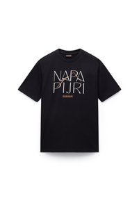 Schwarzes Baumwoll-T-Shirt mit einem weißen und orangefarbenen Grafikdruck und dem Text "NARAPURI" in einer modernen Schriftart. Klassisches Rundhalsdesign.