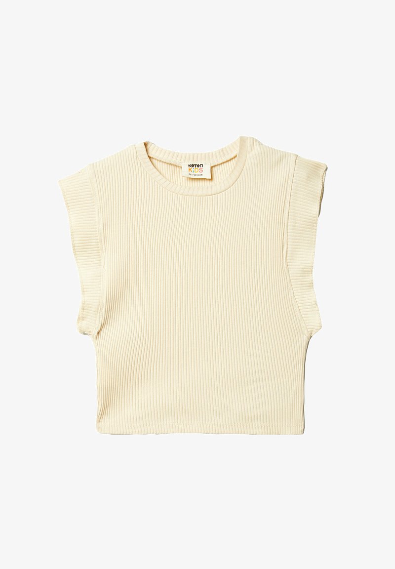 Cremetop mit Rippstruktur, kurzen Ärmeln, Rundhalsausschnitt und glatter Textur. Verfügt über ein Markenschild am Hals.