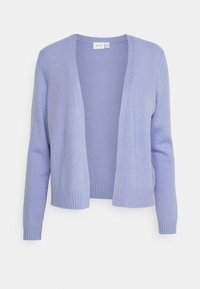 Cárdigan de color púrpura claro, hecho de material de punto suave, con un diseño de frente abierto, mangas largas y puños y dobladillo acanalados.