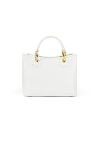 Witte leren tote bag met gouden hardware, voorzien van twee korte handvatten, een gestructureerde vorm en minimalistische designelementen.