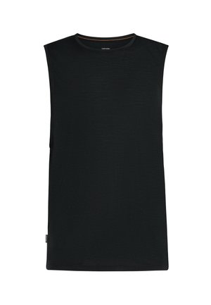 Zwart mouwloos shirt met ronde hals, rechte zoom en subtiele textuur, getoond op een witte achtergrond.