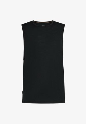 Zwart mouwloos shirt met ronde hals, rechte zoom en subtiele textuur, getoond op een witte achtergrond.