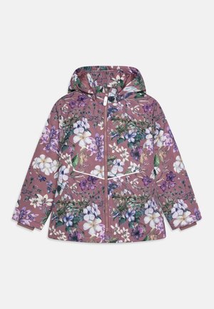 Veste de pluie à capuche pour enfants avec fermeture éclair, base mauve et motif floral en blanc, violet et vert.