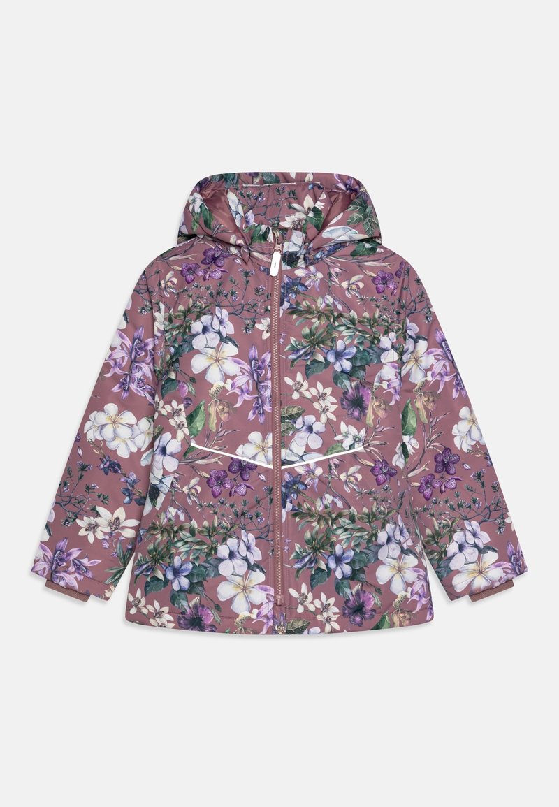 Veste de pluie à capuche pour enfants avec fermeture éclair, base mauve et motif floral en blanc, violet et vert.