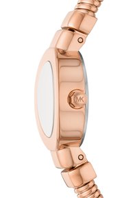 Klocka i roséguldtonat metall med en rund boett, en slät vit urtavla och en texturerad, länkad armbandsdesign. Utrustad med en krona med "MK"-logotyp.