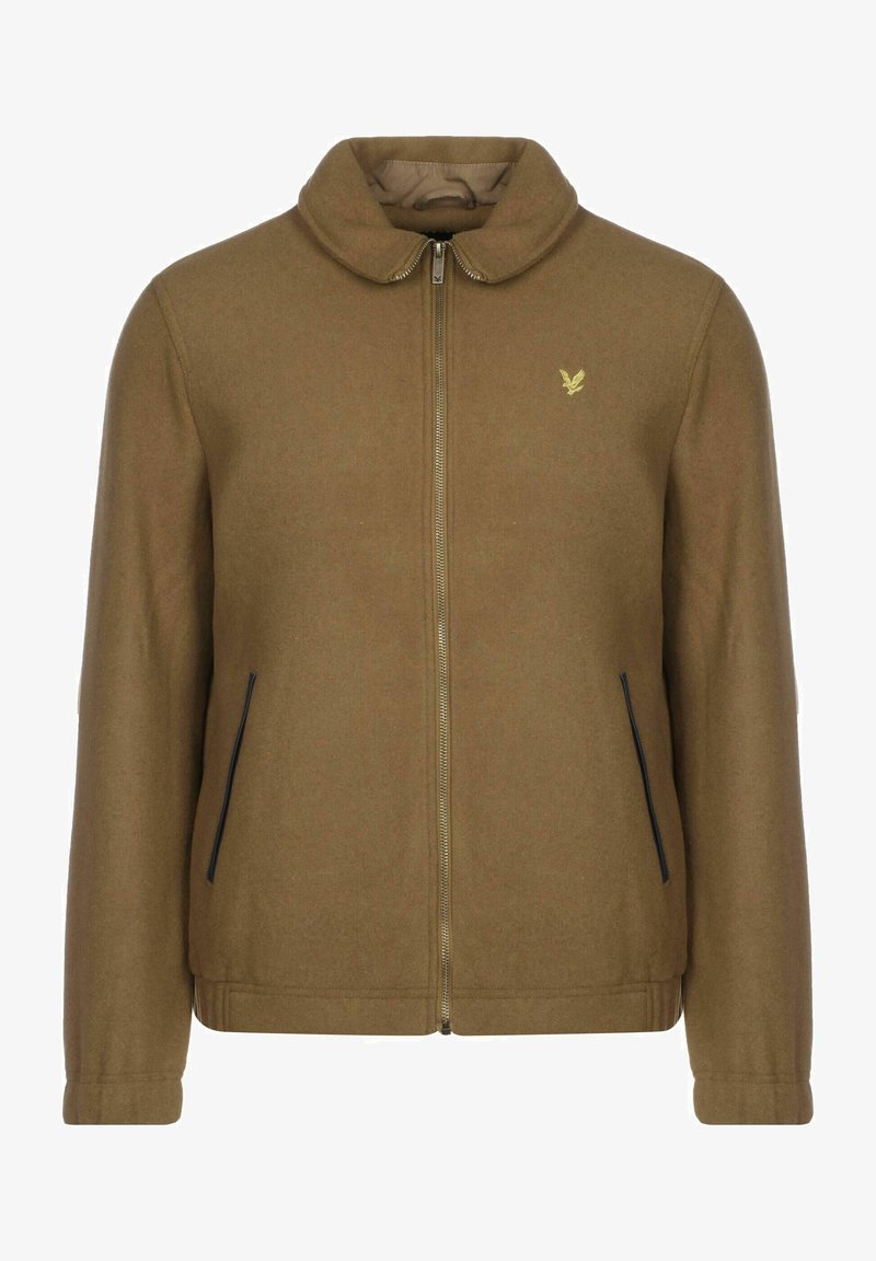 Giacca marrone con cerniera, collo alto, due tasche laterali con rifiniture nere e piccolo logo ricamato di un'aquila gialla sul petto a sinistra.