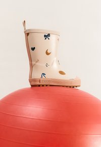 Smėlio spalvos lietaus batai su guminio viršumi, dekoruoti spalvingais raštais, įskaitant širdeles, lankelius ir saulutes. Yra tekstūruotas padas.