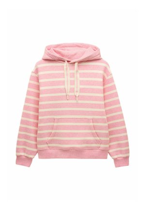 Vaaleanpunainen ja kermanvärinen vaakasuoraan raidallinen huppari, jossa on etutasku, nyörit ja ribbireunat hihansuissa ja helmassa.