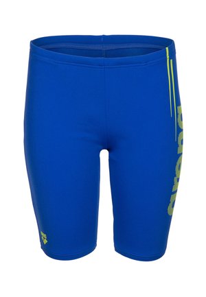 Jammers de natation bleus avec logo de marque jaune sur la cuisse gauche et texte vertical jaune sur le côté droit.