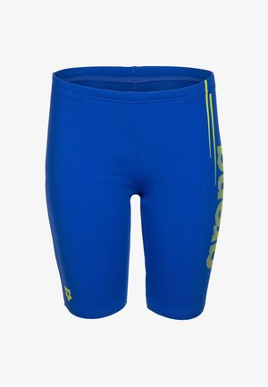 Blauwe zwemjammers met geel merklogo op de linker dij en gele verticale tekst aan de rechterkant.