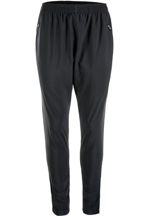 Black athletic pants with an elastic waistband, zip side pockets, and a lightweight, smooth fabric. Tapered fit with a minimal design.