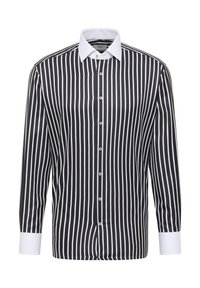 Camicia a maniche lunghe a righe bianche e nere con colletto classico, abbottonatura frontale e polsini bianchi a contrasto. Tessuto morbido.