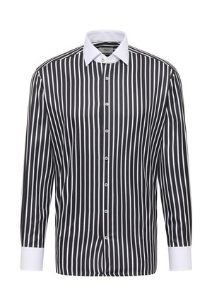Camicia a maniche lunghe a righe bianche e nere con colletto classico, abbottonatura frontale e polsini bianchi a contrasto. Tessuto morbido.