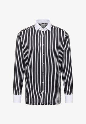 Schwarz-weiße gestreifte Langarmbluse mit klassischem Kragen, durchgehender Knopfleiste und kontrastierenden weißen Manschetten. Weicher Stoff.