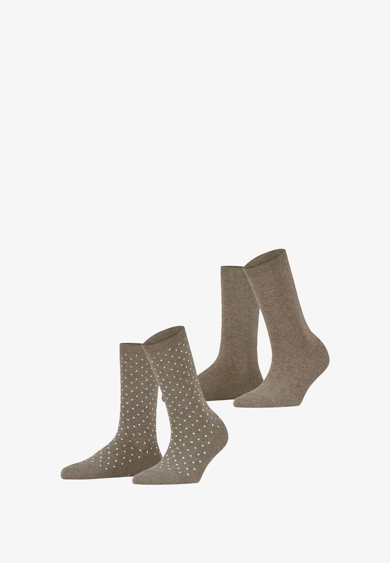 Ensemble de chaussettes marron : deux paires avec des pois blancs, une avec des pois orange, avec des poignets côtelés, texture lisse, longueur moyenne.