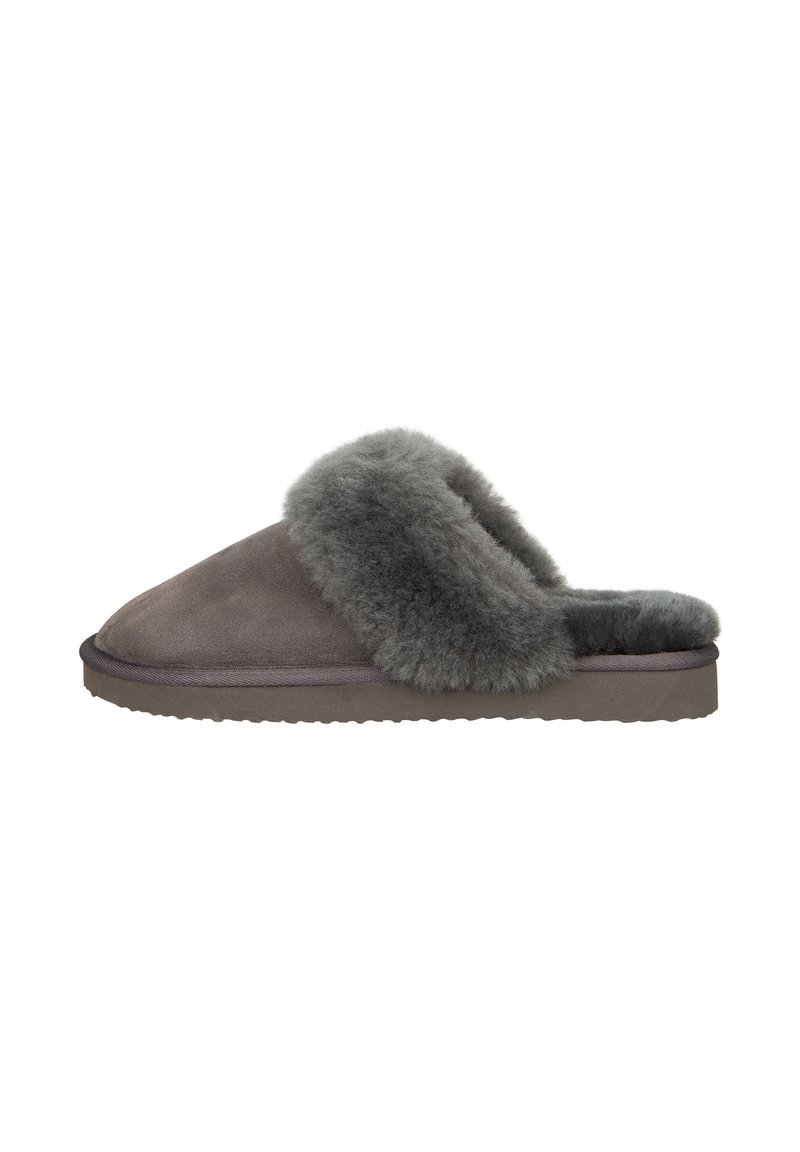 Pantofola in suede grigia con una morbida fodera in pelliccia lungo il bordo superiore e una suola testurizzata per la presa. Design senza schienale.