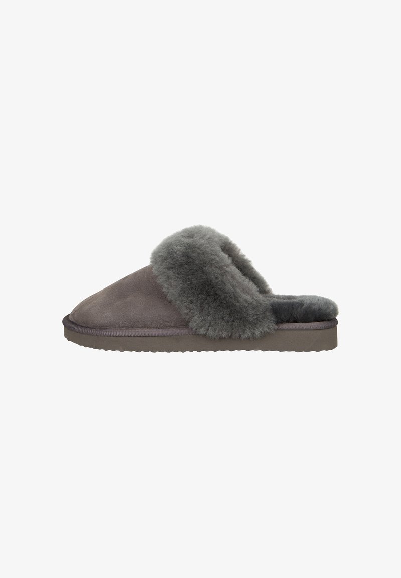 Pantofola in suede grigia con una morbida fodera in pelliccia lungo il bordo superiore e una suola testurizzata per la presa. Design senza schienale.