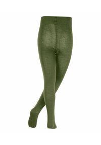 Collant verde oliva realizzati in un tessuto morbido ed elasticizzato con una cintura morbida. Il design include un aspetto senza cuciture e una forma aderente per le gambe.