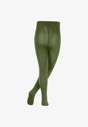 Olivgrüne Strumpfhosen aus einem glatten, dehnbaren Material mit einem weichen Bund. Das Design umfasst eine nahtlose Optik und eine figurbetonte Beinform.