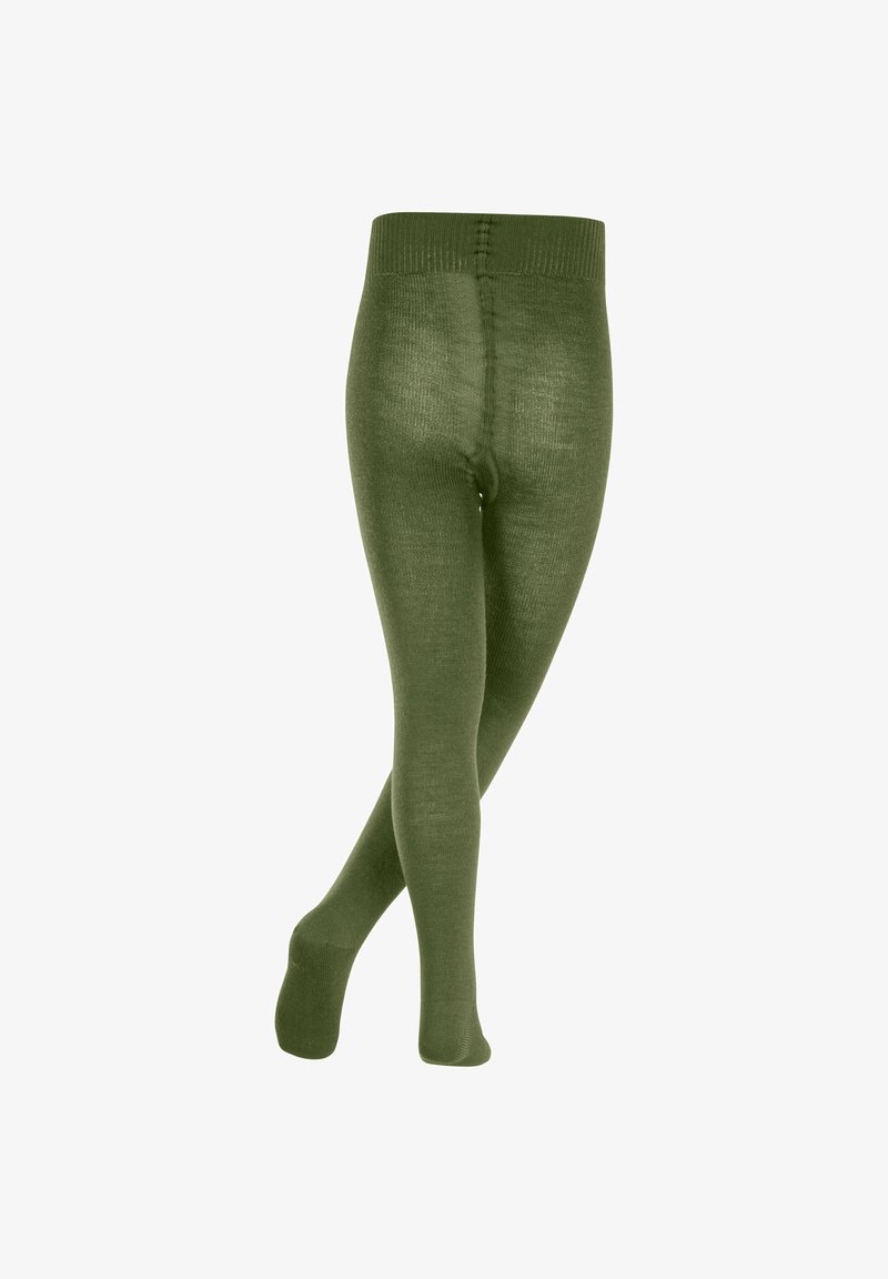 Collant verde oliva realizzati in un tessuto morbido ed elasticizzato con una cintura morbida. Il design include un aspetto senza cuciture e una forma aderente per le gambe.