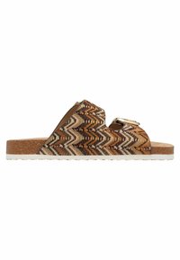 Sandali slide marroni con pattern e design a zigzag, suola in sughero e fibbia metallica regolabile. Caratterizzati da una parte superiore in tessuto intrecciato testurizzato.