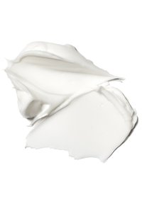 Dicke, cremige weiße Lotion mit einer glatten, glänzenden Textur, die weiche Spitzen und einen leichten Glanz auf der Oberfläche zeigt. Keine sichtbaren Muster oder Akzente.