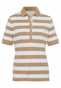 Polo tričko s krátkým rukávem s béžovo-bílým proužkovaným vzorem, vyrobené z bavlny, s límečkem a zapínáním na tři knoflíky.