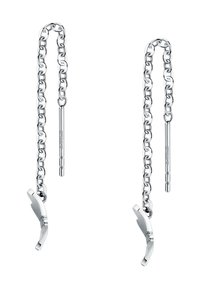 Orecchini a catena in argento con un design a catena collegata, caratterizzati da catene allungate e accenti circolari e piatti nella parte inferiore.