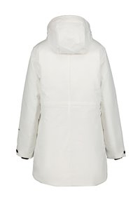 Valkoinen eristetty talvitakki hupulla, joissa on pitkät hihat ja säädettävät rannekkeet, näkyy takaa valkoista taustaa vasten.