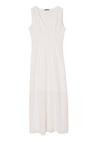 Robe blanche sans manches avec un décolleté en V, taille froncée et rayures verticales. Design long et fluide avec une coupe décontractée et une texture subtile.